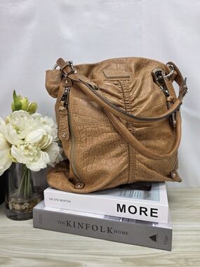 b. makowsky Tan Croc-Embossed Leather Hobo Bag